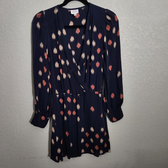 Parker Dress Womens Small Navy Blue Long Sleeve Polka Dot Wrap Dress Button Cuff - Picture 2 of 12